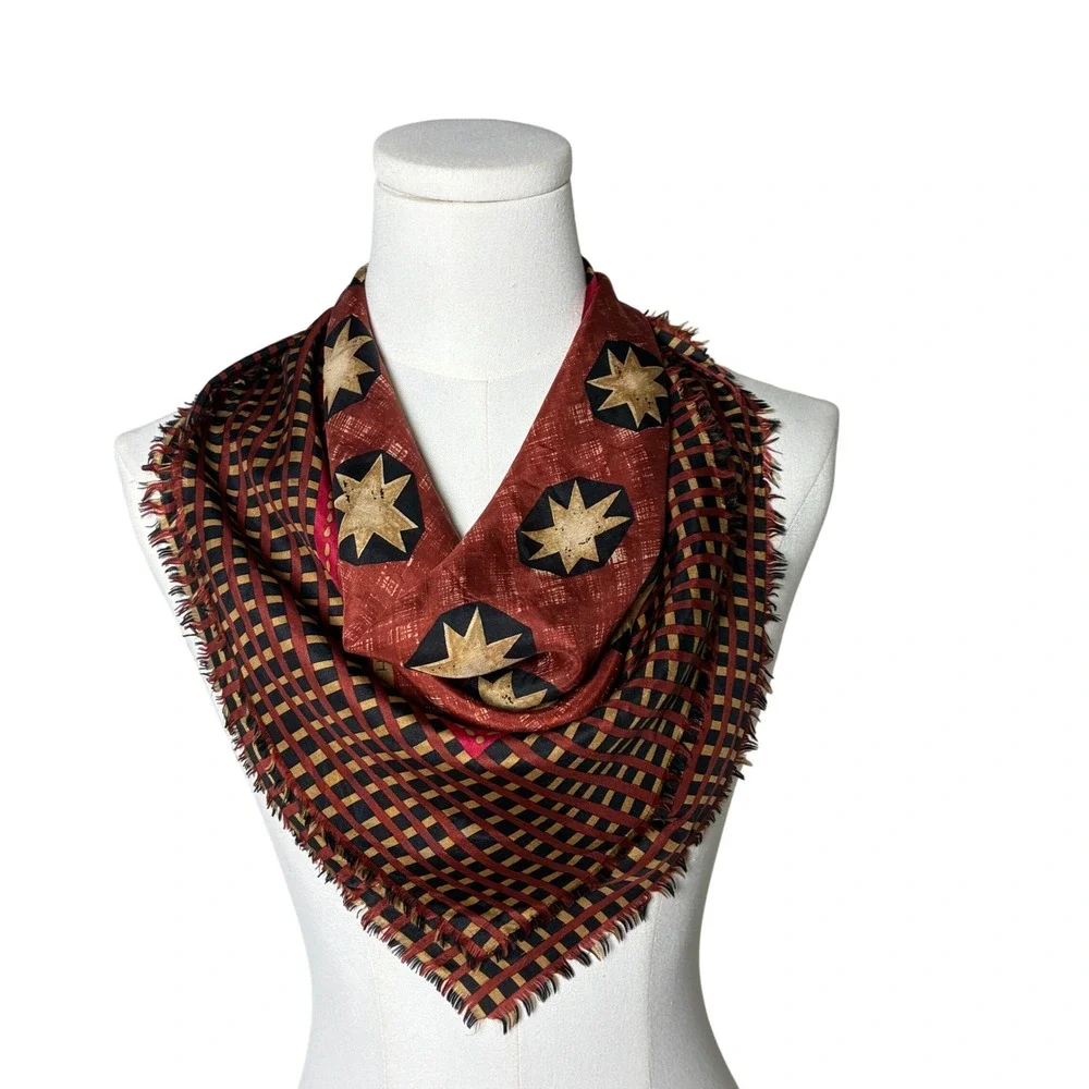 Echo Square Scarf Star Checkered Rust Black Gold Eyelash Fringe 22in